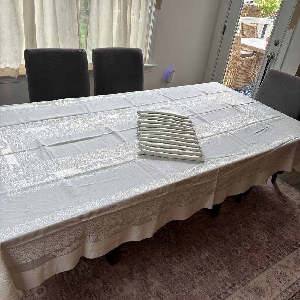 Silver Damask Tablecloth and 12 Matching Napkins Set Floral Jacquard Rectangular